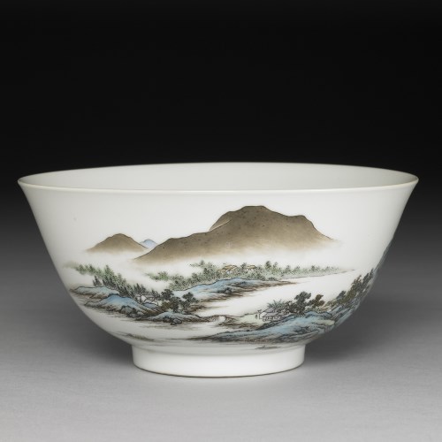 Porcelain bowl with Tiger Hill scenery in falangcai painted enamels